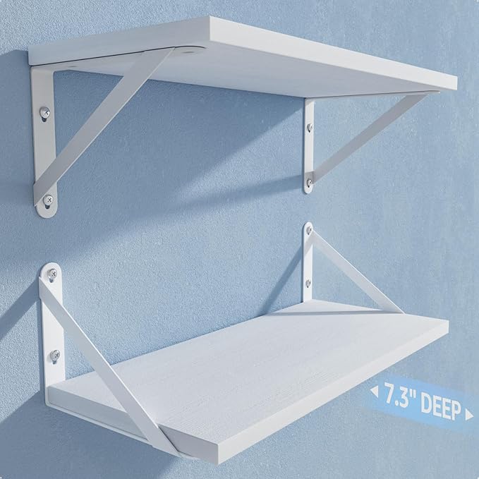 COCOYA Wall Shelves 7.3" Deep Set of 2, Solid Paulownia Wood Wider Longer Sturdy Easy to Install Wall Mounted Bookshelves Storage Shelves Bathroom Storage Office Laundry Room Bedroom Organizer White