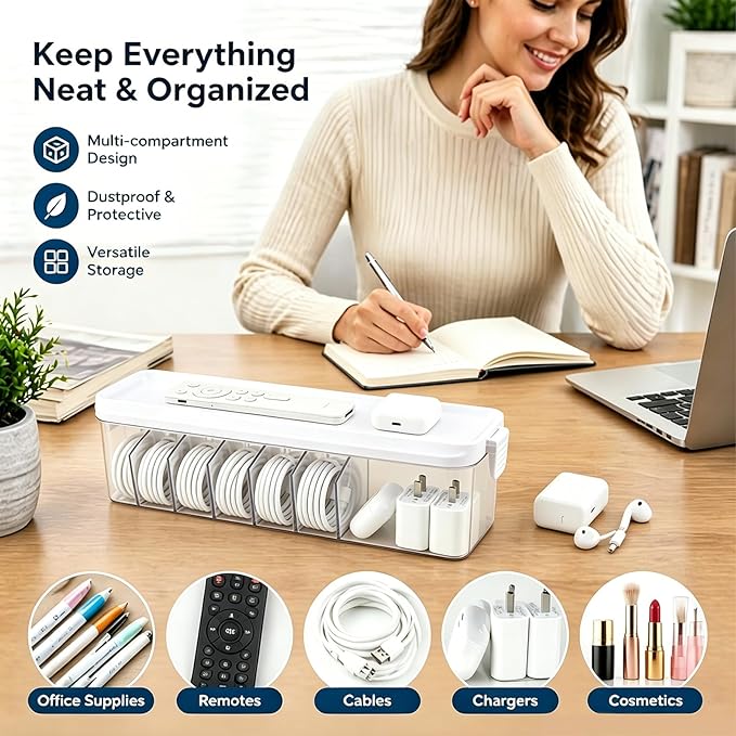 TexHome 2 Pcs Charger Cable Organizer Box with Lid Plastic Cord Storage Box with Wire Ties, Electronics Cord Organizer for Home Drawer Office Desk Accessories Storage