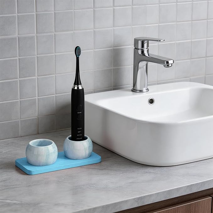 2 Pack Ceramic Toothbrush Holder with Diatomite Toothbrush Tray for Bathroom Shower Countertop Storage Organizer, Small Toothpaste Razor Electric Tooth Brush Head Stand (Blue)