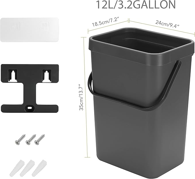 stonespace Under Sink Trash Can，Kitchen Compost Bin, Diaper Pail, 3.2 Gallon/12L Hanging Garbage Can for Baby Crib/Bathroom/Cupboard, Plastic Food Waste Bin,1 Pack Black