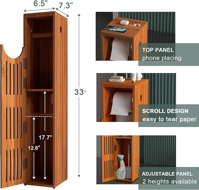 AmazerBath Bamboo Toilet Paper Holder with Storage, Bathroom Toilet Paper Storage Cabinet, Small Bathroom Storage Cabinet for Small Spaces, Slim Bathroom Storage Cabinet, 33x7.3x6.5 Inches, Brown