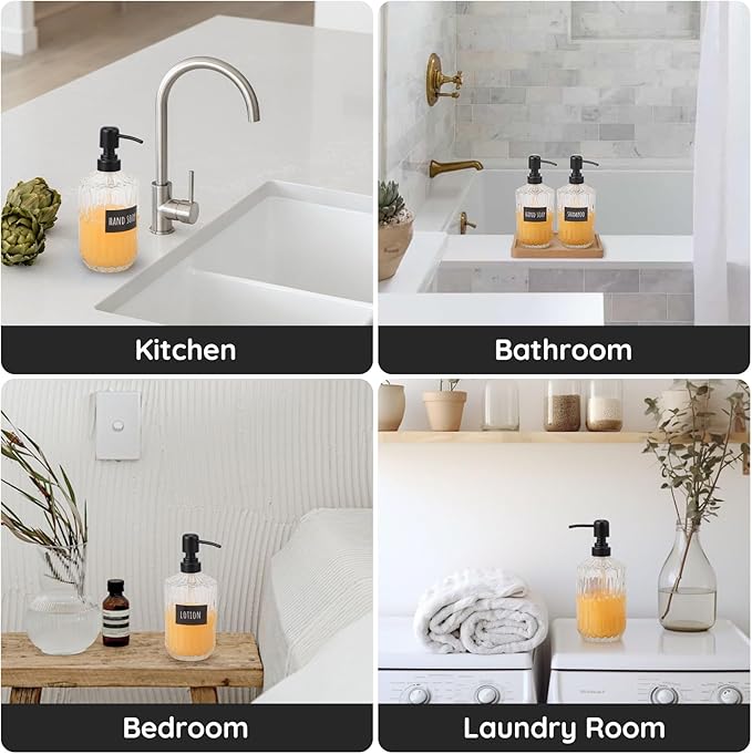 Segbeauty 15.2oz Glass Soap Dispenser Refillable, 2pcs Empty Bathroom Hand Soap Dispenser with Stainless Steel Pump, 450ml Clear Lotion Pump Bottle with Labels, Vintage Shampoo and Conditioner Bottle