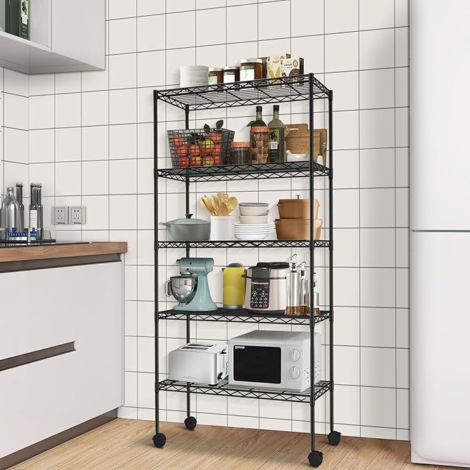 5-Tier Heavy Duty Storage Shelving Unit, Metal Shelves for Garage, Pantry, Kitchen Organization – Adjustable Wire Rack Shelf Organizer, 60"x30"x14", 1250lbs, Black