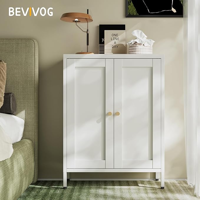 Bevivog Metal Bathroom Floor Storage Cabinet, Small Storage Sideboard with 2 Doors and 2 Adjustable Shelves, 12" Small Cabinets White Freestanding Locker for Entryway, Living Room, Hallway