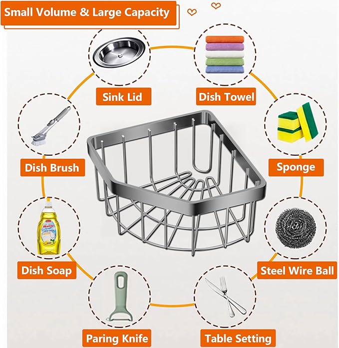 Sink Caddy Corner Kitchen Sink Organizer,CIT ZCFYU Adhesive Sponge Caddy for Kitchen Stainless Steel,Dish Cloth Hanger Sponge Holder Soap Storage Rack for Space-Saving Storage(not for Rounded)