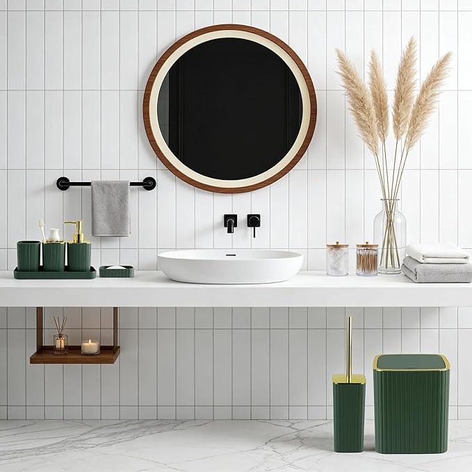Bathroom Accessories Set-9PC Set, Complete Bathroom Decor & Home Decor, Bathroom Set with Toilet Brush, Trash Can, Soap Dispenser,Modern Home Bath Essentials (Green&Gold, Bath Set)