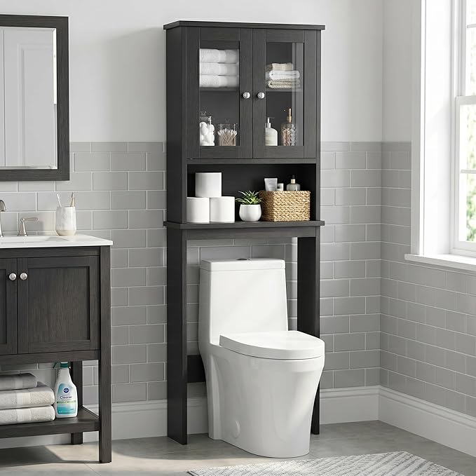 Nuturelly Over The Toilet Storage Cabinet, Bathroom Storage Organizer with Adjustable Shelves and Double Glass Doors, Freestanding Above Toilet Storage with Open Shelf, Wooden Toilet Rack(Black)