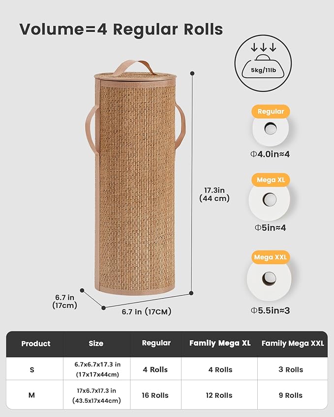 Bamboo Toilet Paper Storage Basket with Lid & Handle - 10L Handwoven Bathroom Organizer for 4 Rolls - Sturdy Stand Holder for Toilet Paper Organization, Carbon Brown
