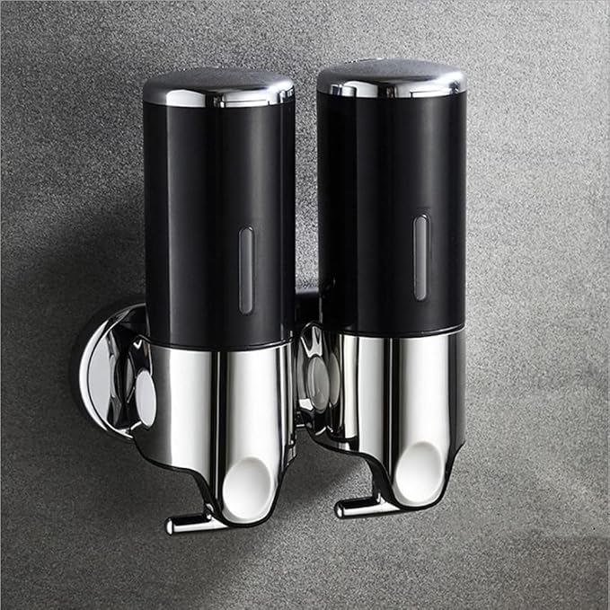 2 Chamber Wall Mounted Bathroom Shower Pump Dispenser and Organizer-Holds Shampoo, Soap, Conditioner, Shower Gel, for Bathroom Kitchen Hotel (Black 2 Chamber)