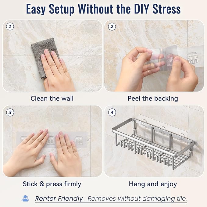 8 Pack Adhesive Rustproof Shower Shelves with Soap Dishes, Toothbrush Holder & Hooks, Large Capacity No-Drilling Shower Shelves Rack for Bathroom Organizers and Storage Accessories, Silver