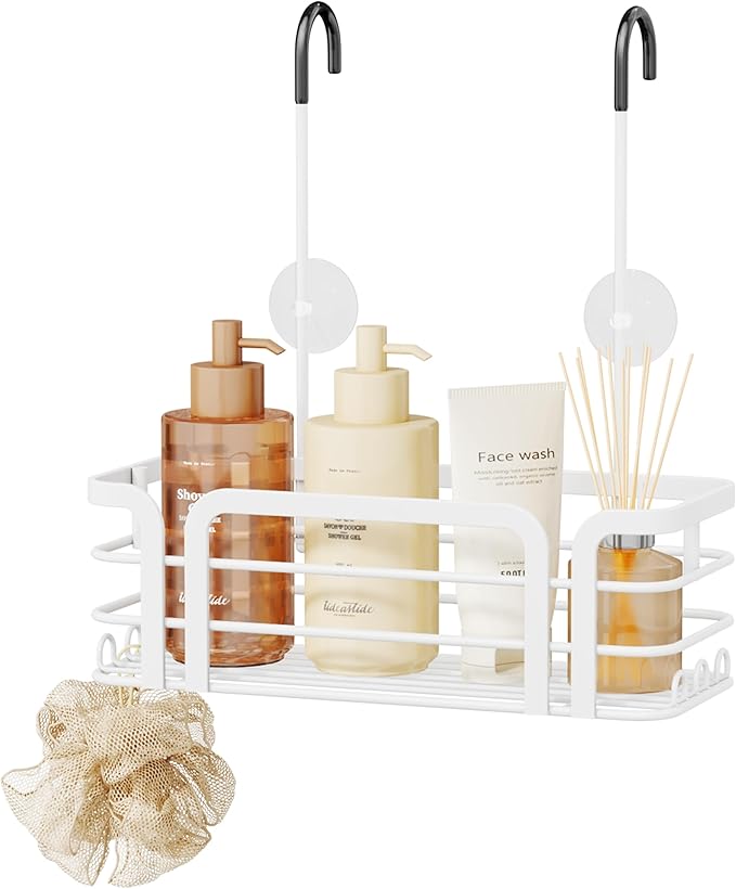 SWTYMIKI Shower Caddy Hanging Organizer - Over the Door Shower Caddy with 6 Hooks, 2 Installation Ways, Stainless Steel Rustproof Bathroom Organizer, White