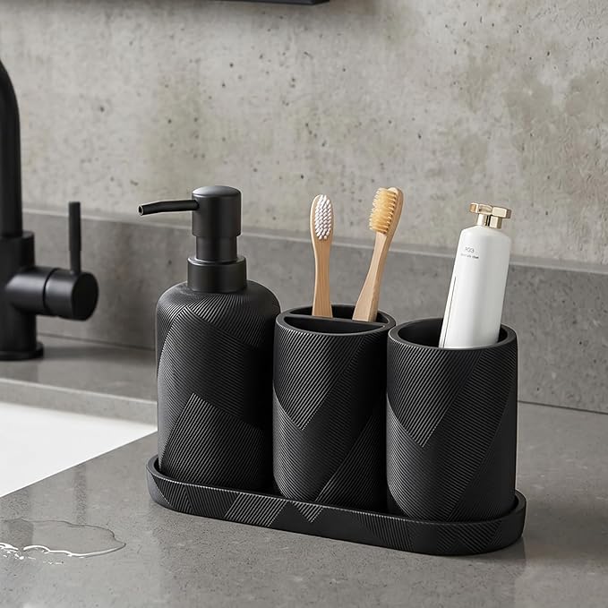 Bathroom Accessories Set, Bathroom Organizer Countertop, Soap Dispenser and Toothbrush Holder, Mouthwash Cup, Tray Set, Vanity Tray for Bathroom, 4 Pieces Modern Decor (Matte Black)