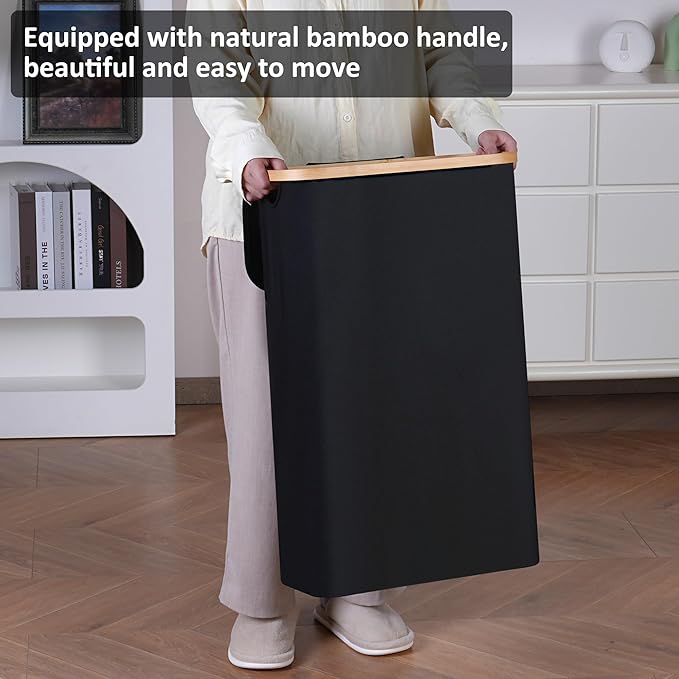 60L Slim Laundry Hamper,Laundry Basket with Lid,Tall Hamper for Laundry,Dirty Cloth Hamper with Bamboo Handle for Toys,Towels, Clothes Organizing,Black
