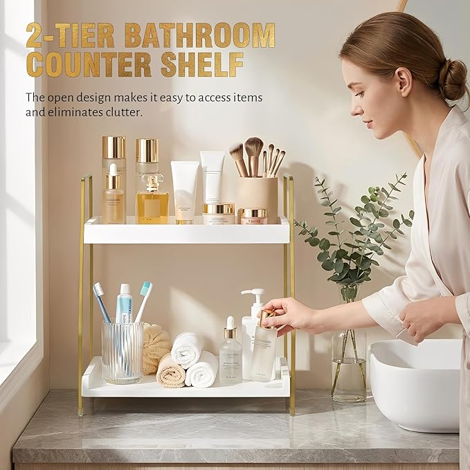 2-Tier Bathroom Counter Organizer, Wood Countertop Organizer for Bathroom Decor, Bathroom Organizers and Storage, Skincare Organizers for Vanity , Counter Storage Shelf for Bedroom Kitchen Office