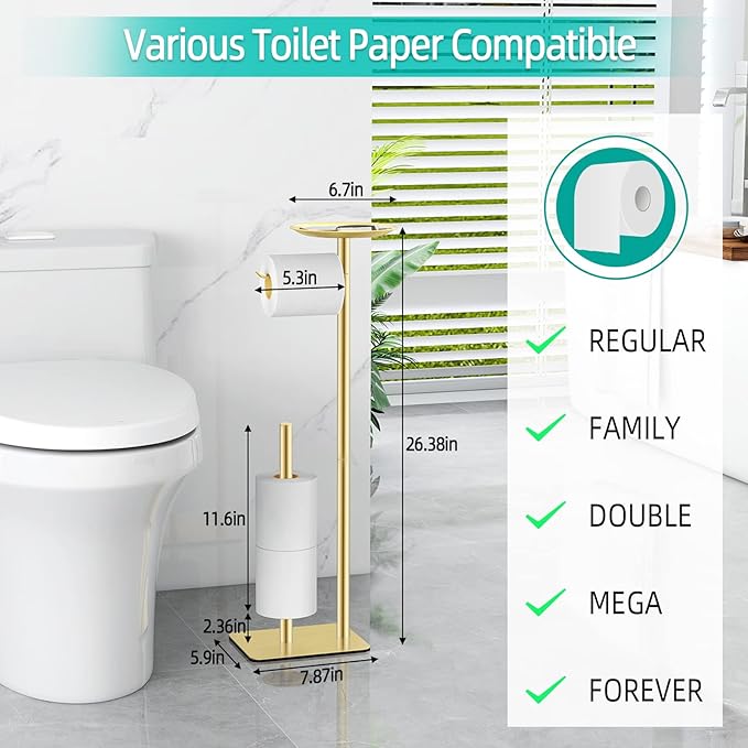 FEILERN Toilet Paper Holder Stand for Bathroom Floor Standing Toilet Roll Dispenser Storages 4 Reserve Rolls, with Top Storage Shelf for Cell Phones, Wipe, Wallet and More(Gold)