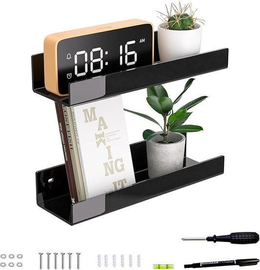 12 Inches Black Acrylic Wall Shelf for Home, 2 Pack, Acrylic Organizer Shelves for Wall, Wall Mounted Storage Display Shelf