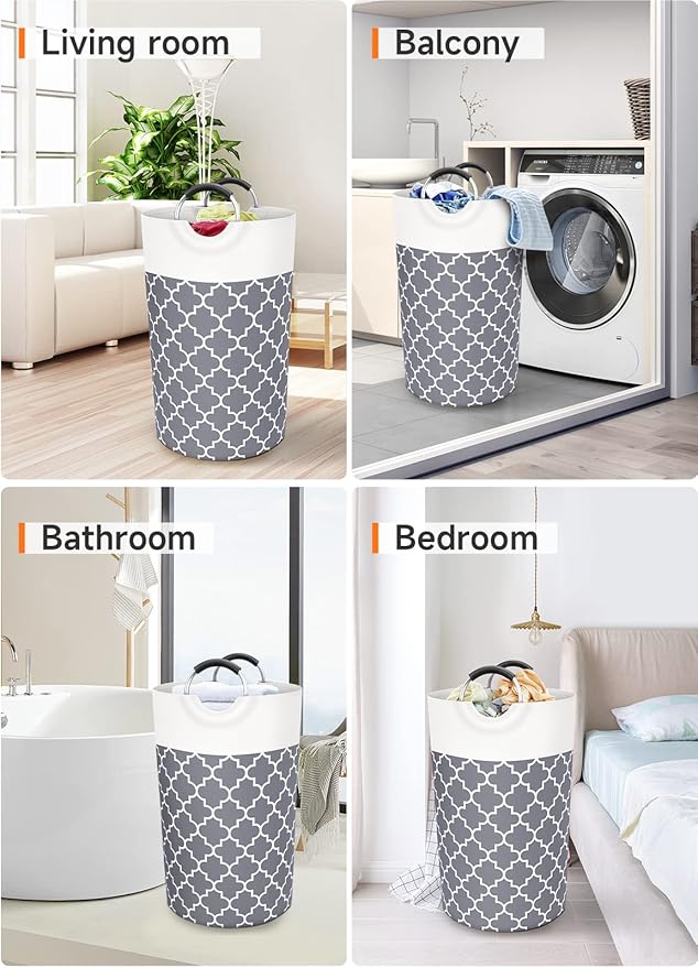 Fabspace Large Laundry Basket Laundry Hamper Bag Washing Bin Clothes Bag Collapsible Tall with Handles Waterproof Travel Bathroom College Essentials Storage for College Dorm, Family (Grey) 82L