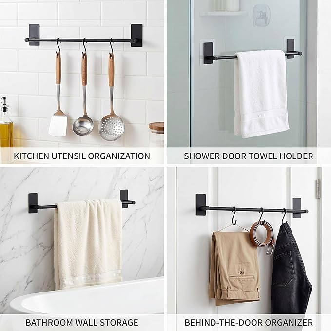 Adhesive Bath Towel Bar 24-inch Black, No Drill Stick On Towel Rack, Easy Install with Self-Adhesive, Premium SUS304 Stainless Steel (Black, 24)