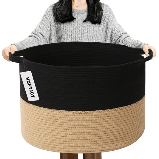 90L Extra Large Blanket Basket,Woven Laundry Basket Hamper with Handles, Decorative Nursery Basket Storage Bin for Toys, Clothes Organizer, Living Room, Bedroom, Bathroom, Black&Camel