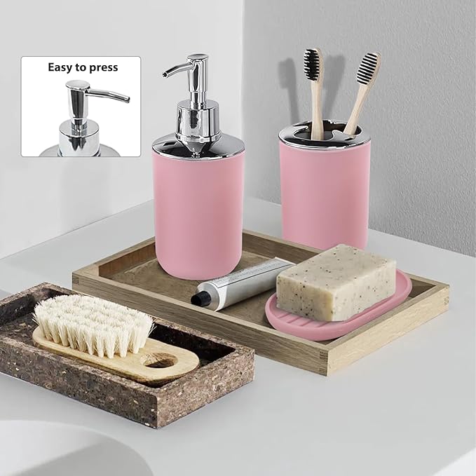 CERBIOR Bathroom Accessories Set 6 Piece Bath Ensemble Includes Soap Dispenser, Toothbrush Holder, Toothbrush Cup, Soap Dish for Decorative Countertop and Housewarming Gift (Blush pink-6pcs)