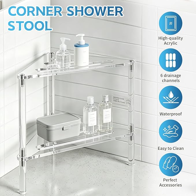 Acrylic Corner Shower Stool for Shaving Legs - Clear Triangle Shower Stool with 2-Tier Storage Shelf - Modern Bathroom Step Stool - Includes 1 Bath Sponge & 2 Shower Loofahs for Exfoliation