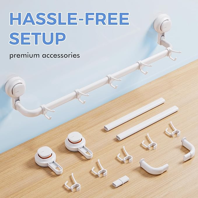 LUXEAR Suction Cup Towel Bar, 24 inches Adjustable Towel Rack Holder, No Drill & Removable Bathroom Towel Holder with 5 Sliding Hooks, Wall Mounted Towel Hanger for Shower Room, Kitchen, Door - White