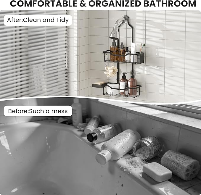 Shower Caddy Hanging 2-Tier Shower Organizer for Tall Showerhead,Rustproof Over Shower Head Rack,No Drill Bathroom Shower Caddy with Soap Dish,Toothbrush Holder and Hooks, Black