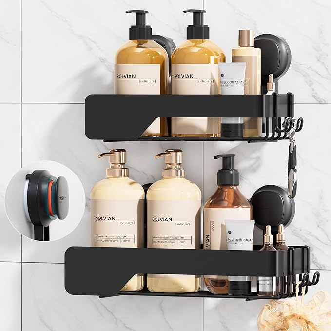 TAILI Shower Caddy Suction Cup 2 Pack With Visible Safety Indicator, Stainless Steel Rustproof Shower Shelves, No Drilling Wall Mounted Basket, Upgraded Removable Suction Cup Bathroom,Black Organizers
