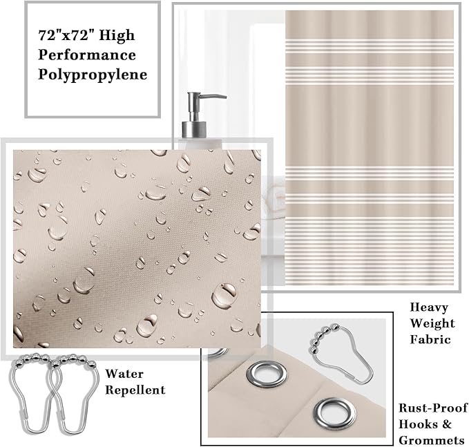 Britimes Bathroom Accessories Sets, Boho Shower Curtain Set with Trash Can, Soap Dispenser, Toilet Brush Holder, Toothbrush Holder and Toothbrush Cup for Bathroom Decor (Beige)
