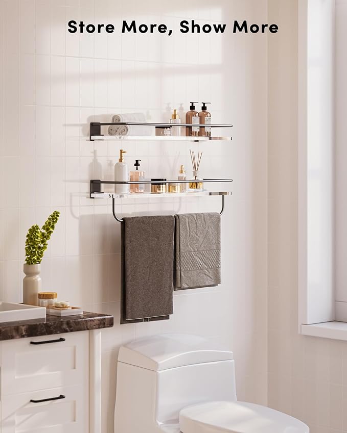 Onlysky Adhesive Bathroom Shelves, Acrylic Floating Bathroom Shelves, Rental Friendly Wall Shelf No Drill(Grey, 15.7 Inches)