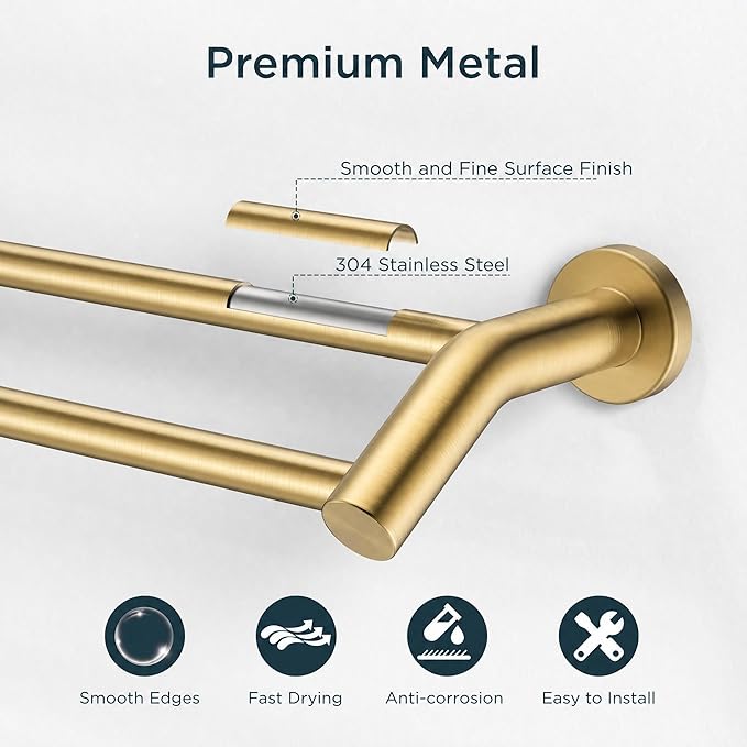 FORIOUS Double Towel Bar 24 Inch, Heavy Duty SUS304 Stainless Steel Dual Towel Racks for Bathroom Wall Mount, Space Saving Towel Rod Towel Holder Rail，Brushed Gold