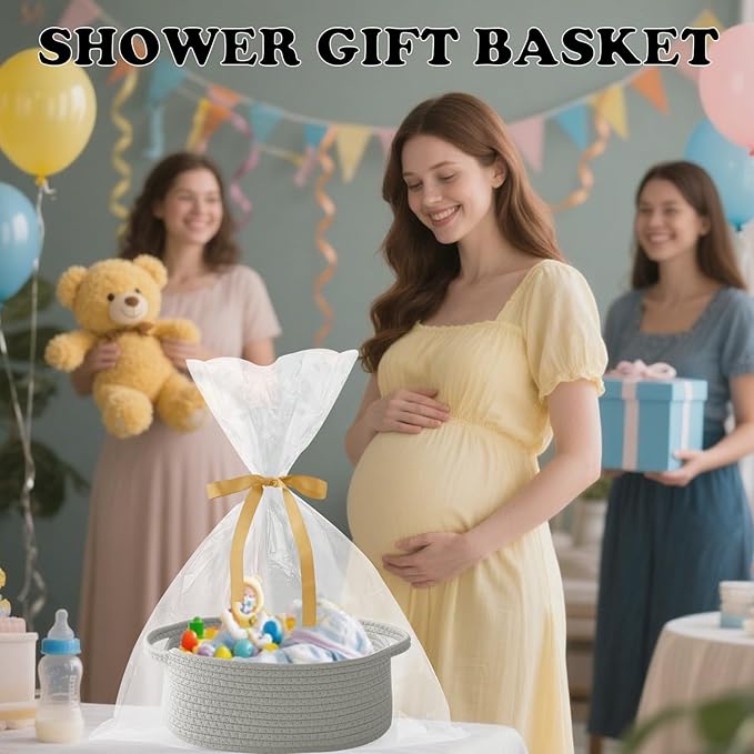 2 Pack Small Woven Rope Basket-Empty Gifts Basket with Bag and Ribbons,Cute Handle Organizer Box for Birthday/Baby Shower, Toy Storage, Nursery Organizing & Shelf Decor(Grey)