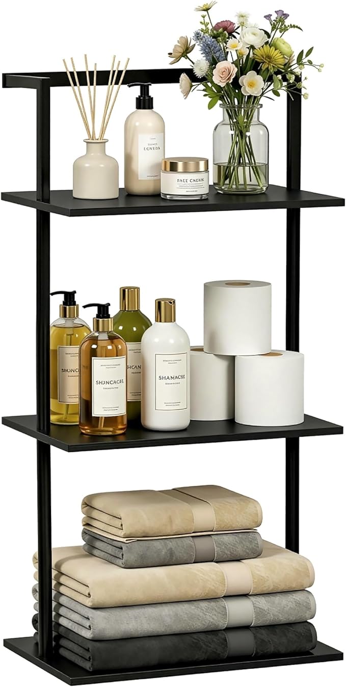 3-Tier Over the Toilet Storage Rack, Metal Wood Wall Mounted Floating Shelves for Bathroom Living Room Office, Black