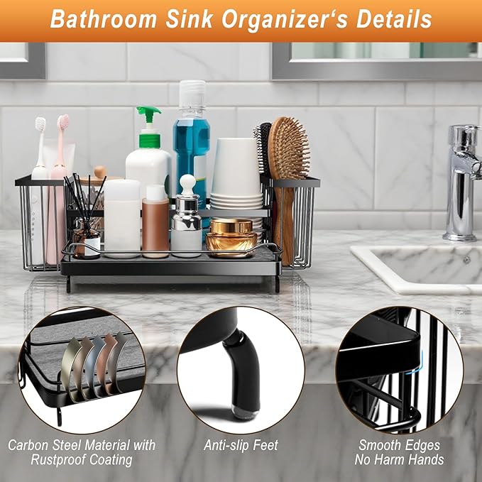Toothbrush Holders with Instant Drying Stone & 2 Brush Holders, Rustproof Carbon Steel Tooth Brush Holder Sink Caddy, Space Saving Bathroom Countertop Organizer for Storage and Organization-Black