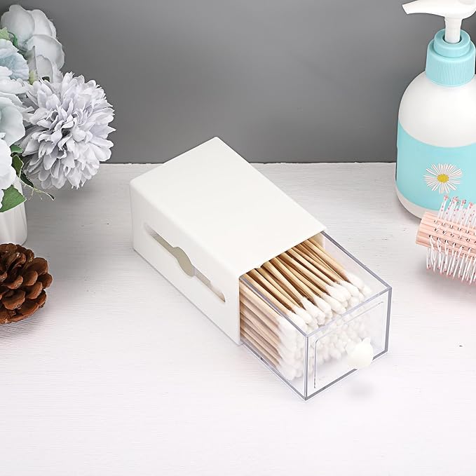 Qtip Holder Plastic Bathroom Dispenser Accessories Storage Canister Wall Mounted Apothecary Jar for Q-tip Cotton Swab Balls Pads Small Vanity Organizer with Double-sided Drawer