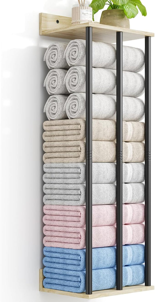 Towel Racks for Bathroom Wall Mounted, 3 Bar Wall Towel Rack for Rolled Towels, Metal Towel Holder with Wooden Shelf, Sturdy and Large Capacity, Towel Storage Organizer