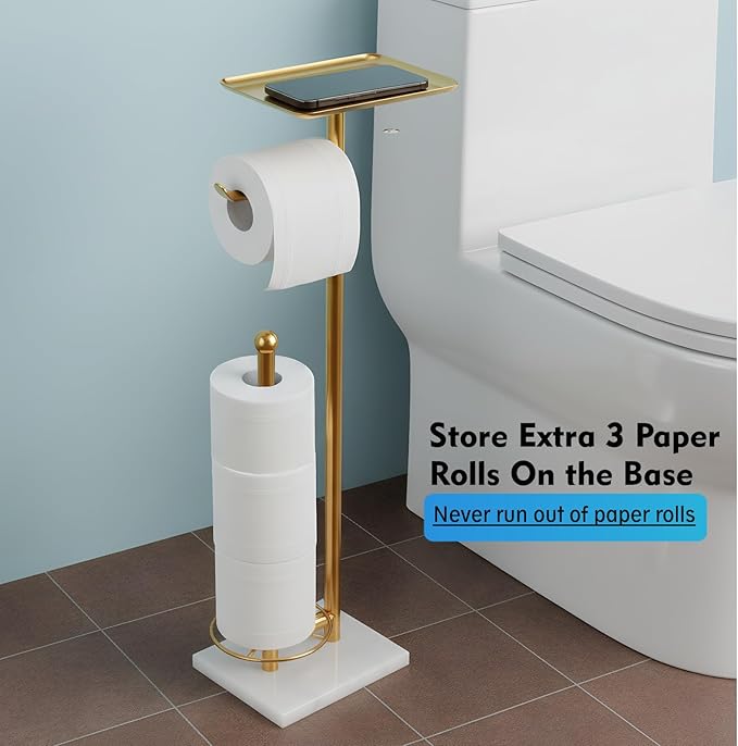 Gold Toilet Paper Holder with Shelf, Free Standing Toilet Paper Holder with Storage - Toilet Paper Stand for Holding Extra 3 Rolls, Tissue Holder for Bathroom (Gold with Marble Base)