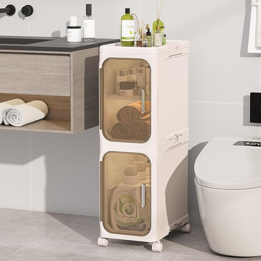 2-Tiers Slim Bathroom Storage Cabinet, Foldable Storage Cabinets,Narrow Bathroom Storage,Movable Bathroom Storage Organizer for Small Spaces,Bathroom,Kitchen,Laundry, Beige
