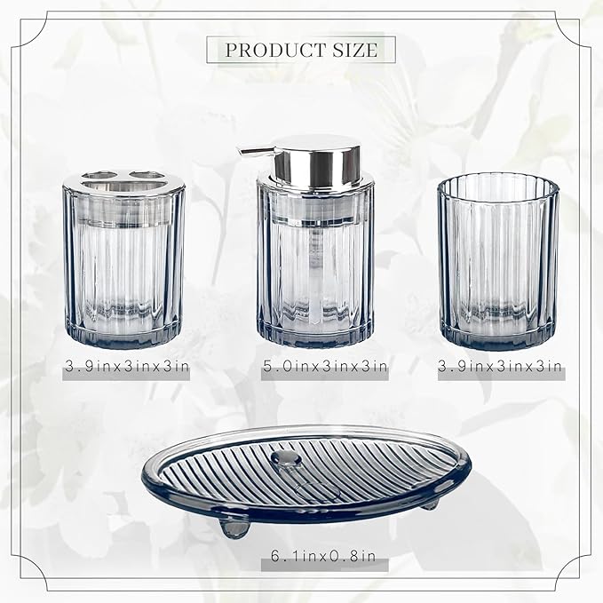 CERBIOR Bathroom Accessories Set, 4 Pcs Glass Accessories Sets Includes Soap Dispenser, Toothbrush Holder, Toothbrush Cup, Soap Dish for Decorative Countertop and Housewarming Gift,Silver Grey