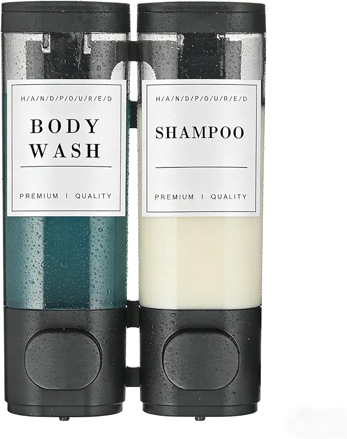 Shampoo and Conditioner Dispenser Bathroom Shower Soap Dispenser Wall Mounted Shampoo Dispenser for Shower Wall No Drill 2 * 300ml Black 2 Chamber with Waterproof Labels