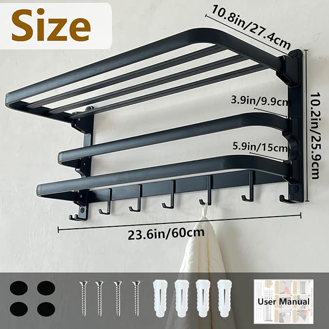 24in Towel Racks Shelf for Bathroom, Foldable Wall Mounted Towel Storage with 2 Towel Bar 9 Hook, Modern Rustproof Towel Holder with Shelves, Towel Hanger for Hotel Dorm Restroom RV Gym, Black