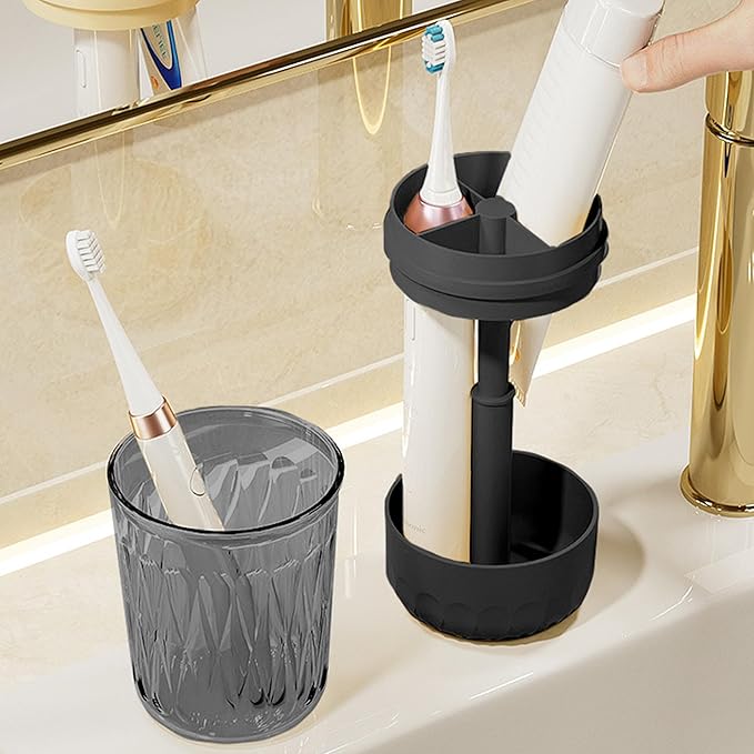 Toothbrush Holder with Tooth Brush Cups, Height Adjustable Electric Toothbrush Toothpaste Storage Stand, Countertop 3 Slots Organizer, Bathrooms Shower Accessories Storage Rack (Black)