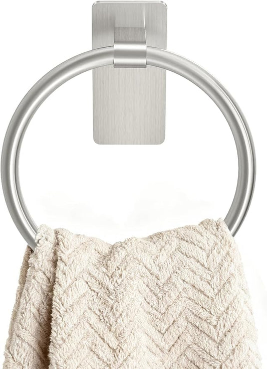 STWWO Brushed Nickel Towel Ring, Hand Towel Holder for Bathroom, Self Adhesive Hand Towel Rings for Bath, Kitchen, RV, No Drill Hole