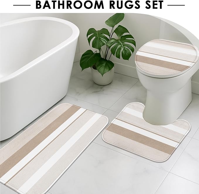 Beige Shower Curtain Set with Toilet Lid Cover and Non-Slip Rugs for Bathroom, Modern Striped Lines 4 Pcs Shower Curtain, Simple Abstract Bathroom Set with 12 Hooks