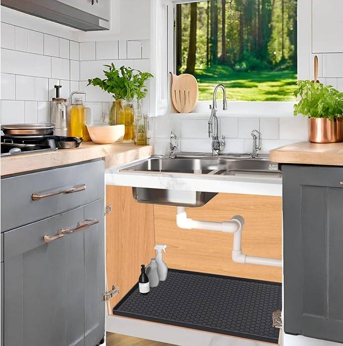 Under Sink Mat 28 x 22 for Kitchen Waterproof, Silicone Under Kitchen Bathroom Protector Sink Liner Mat, Easy to Clean Cabinet Mat Organizers and Storage, Black