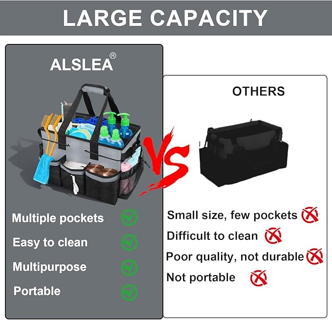 ALSLEA Large Cleaning Caddy Bag 15" x 10½" x 9" Heavy-Duty Organizer Tote for Home, Housekeepers, Janitors Cleaning Caddy for Cleaning Supplies with Shoulder Strap & Multiple Pockets (Gray)