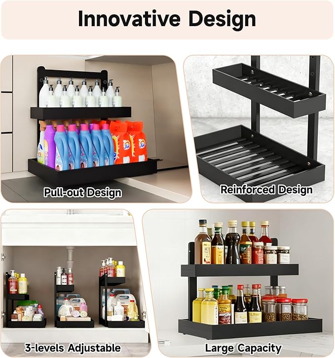Bamboo Undersink Organizer Storage - 2-Tier Cabinet Shelf with Adjustable Levels, Under Sink Storage Slide Out for Cabinet Pantry Kitchen Bathroom (Black)