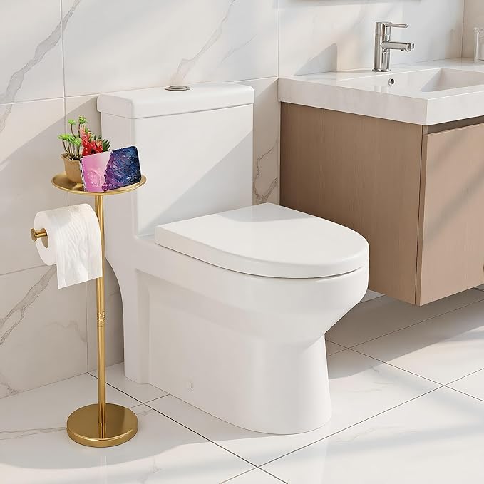 Toilet Paper Holder Stand Gold with Shelf on Top, Sturdy TP Roll Holder Floor Standing, Stainless Steel Base (Gold)