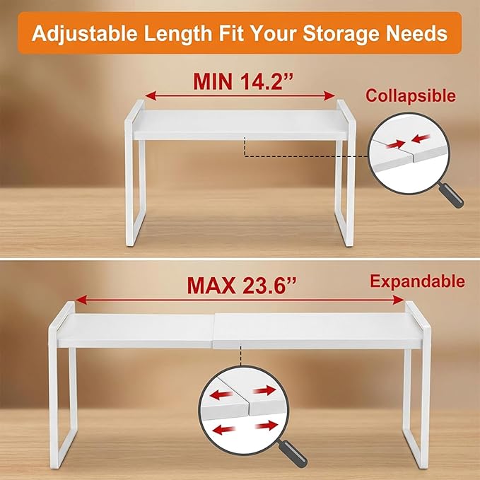 Kenaoeoe Expandable Cabinet Shelf Organizer Riser Adjustable Kitchen Cabinet Organizer for Pantry Cupboard Under Sink Countertop, Space Saver Storage Rack, White