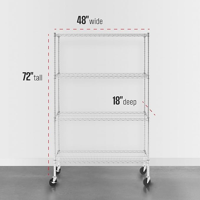SafeRacks - NSF Certified Storage Shelves, Zinc, Heavy Duty Steel Wire Unit with Wheels and Adjustable Feet, Garage or Bakers Rack, Kitchen, Pantry Shelf - (18"x48"x72" 4-Tier) (Silver)